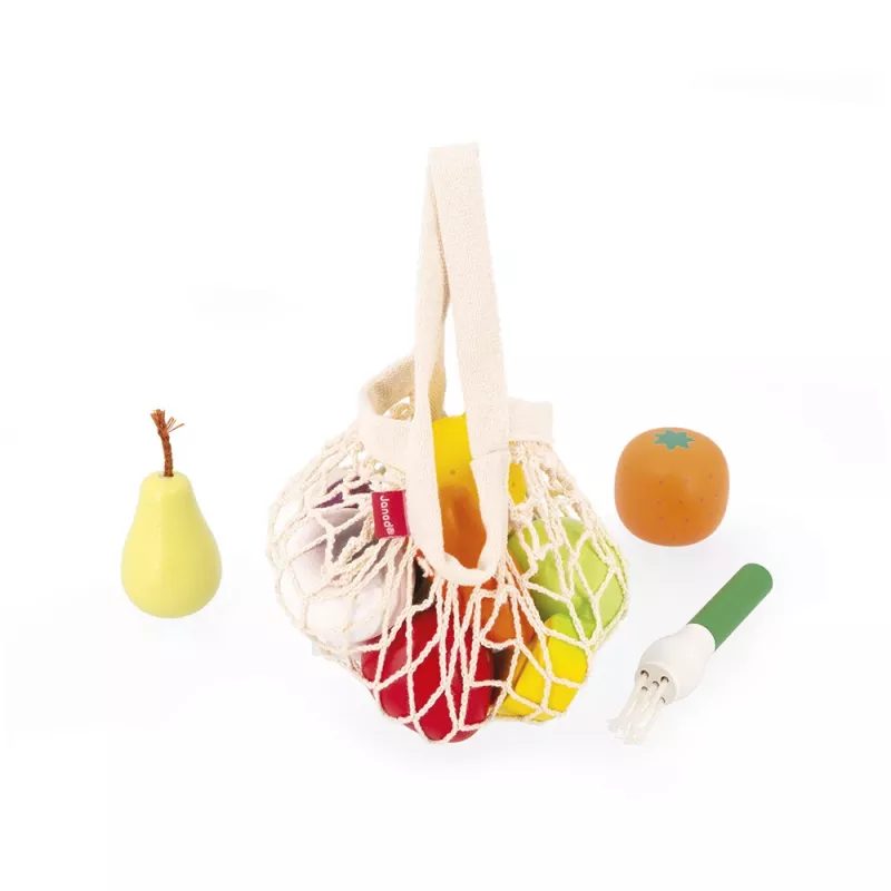 Janod Shiny Grandma Set de alimentos de juguete de madera en bolsa de malla, 12 piezas