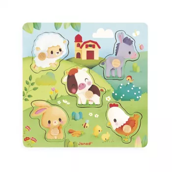 Janod Pure Puzzle sensorial de madera animales de granja 7 piezas