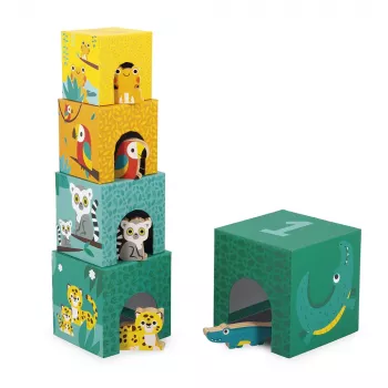 Janod Tropik Torre apilable con 5 cubos y 3 figuras de madera, a partir de 12 meses
