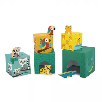 Janod Tropik Torre apilable con 5 cubos y 3 figuras de madera, a partir de 12 meses