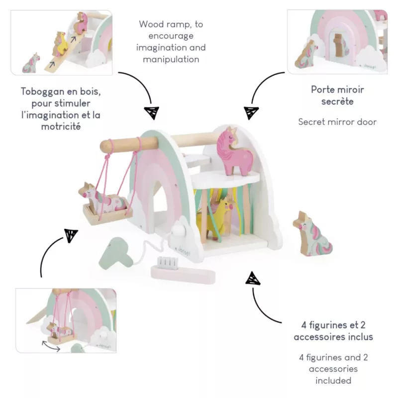 Janod Set de juego Casa de unicornio de madera con 5 accesorios, a partir de 18 meses
