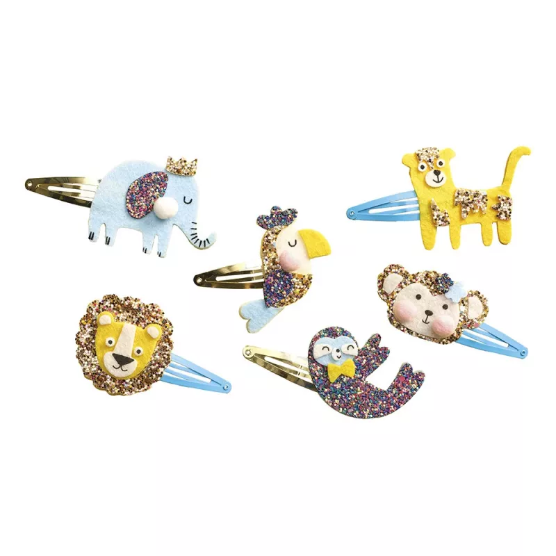Janod Set de manualidades DIY para crear pinzas de pelo con purpurina animales exóticos 5+