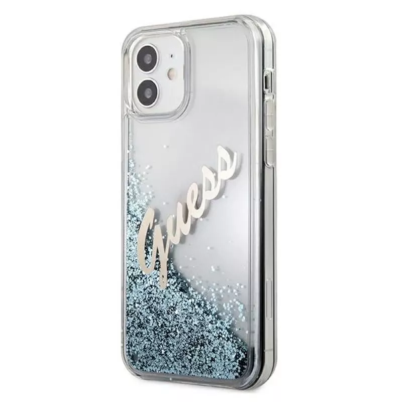 Guess Glitter Vintage Script carcasa rígida para Apple iPhone 12 mini - azul