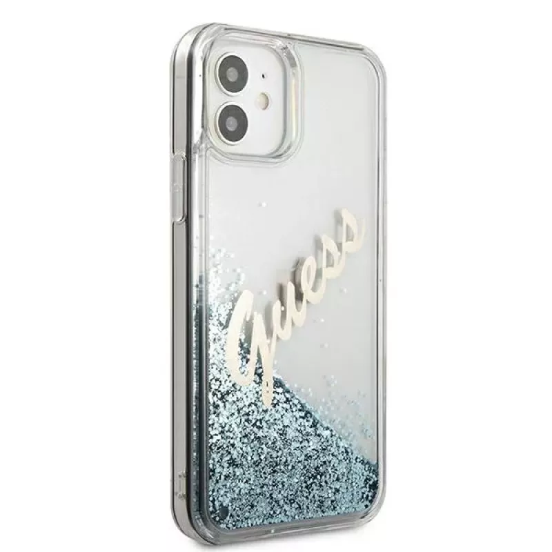 Guess Glitter Vintage Script carcasa rígida para Apple iPhone 12 mini - azul