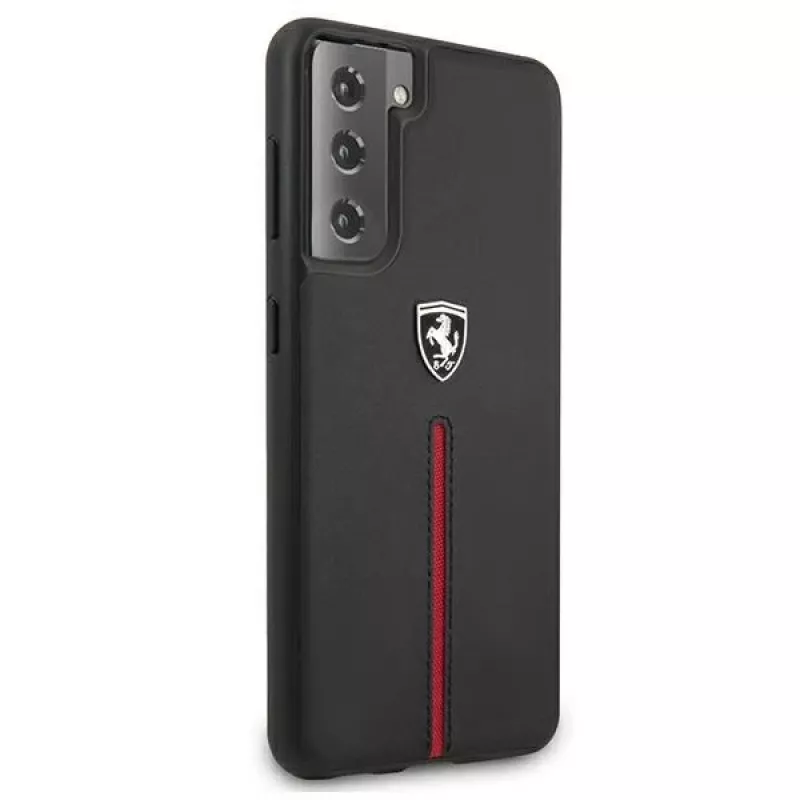 Ferrari FEOSIHCS21SBK carcasa rígida Off Track de piel y nailon con franjas para Samsung Galaxy S21 (G991) - negra