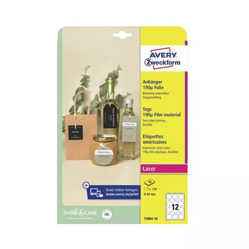 Avery Zweckform T3004-10 Etiquetas redondas no adherentes, poliéster, blancas, 60 mm, 120 etiquetas
