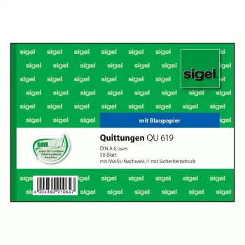 Sigel QU619 Libro de formularios de recibos, IVA desglosado, A6 apaisado, 50 hojas