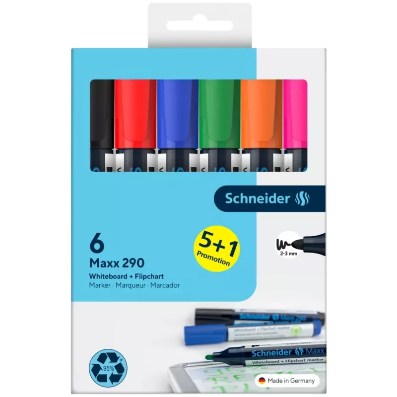Schneider Maxx 290 set de rotuladores para pizarra blanca y rotafolio, 6 uds., colores surtidos, 2,0 - 3,0 mm