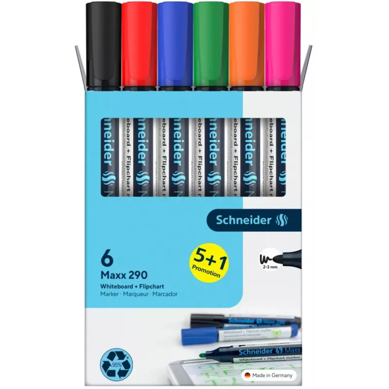 Schneider Maxx 290 set de rotuladores para pizarra blanca y rotafolio, 6 uds., colores surtidos, 2,0 - 3,0 mm
