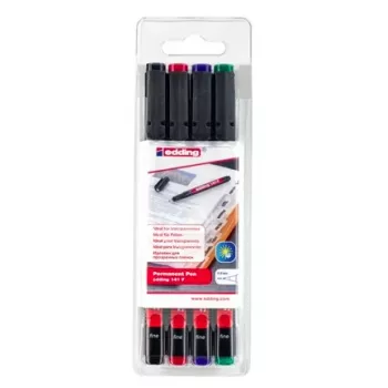 EDDING 141 F Set de rotuladores permanentes - punta fina 0,6 mm - negro, azul, verde, rojo - 4 rotuladores