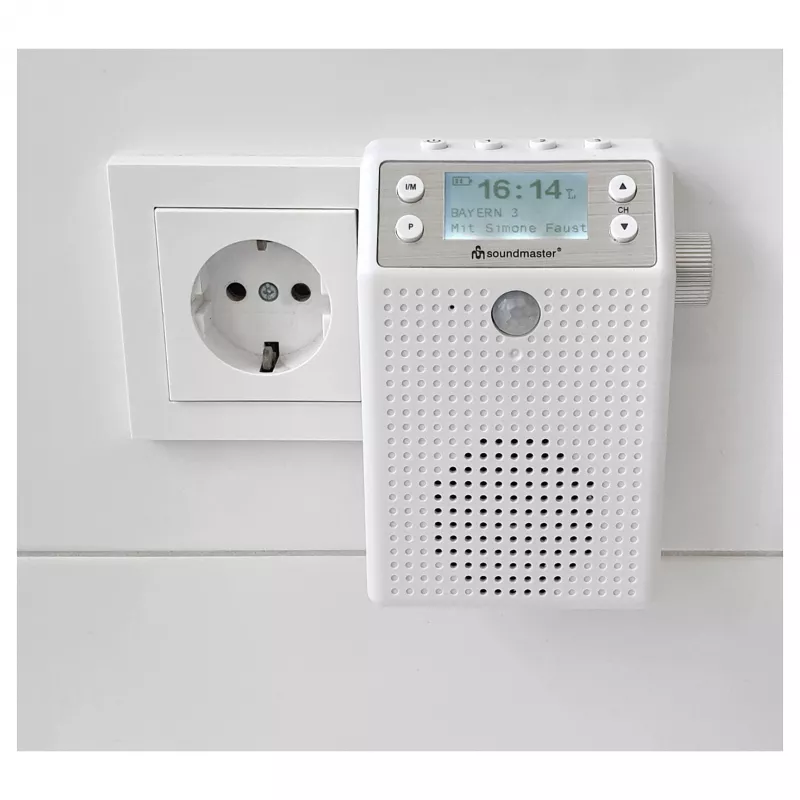 Soundmaster DAB60WE Radio de enchufe DAB+, FM, Bluetooth, USB con función manos libres, resistente a salpicaduras, blanco