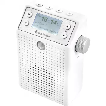 Soundmaster DAB60WE Radio de enchufe DAB+, FM, Bluetooth, USB con función manos libres, resistente a salpicaduras, blanco