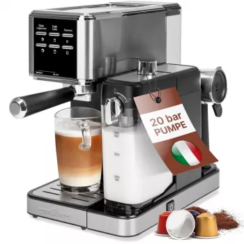 PROFI COOK PC-ES-KA 1266 Cafetera espresso con portafiltro y sistema de cápsulas, 20 bar, 1450 W, Negro/Plata