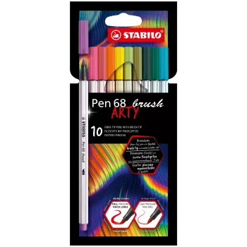 STABILO Pen 68 Brush ARTY Edition set de rotuladores pincel - 10 colores surtidos en estuche de cartón