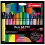 STABILO Pen 68 MAX set de 12 rotuladores de fieltro ARTY Edition con punta biselada en estuche de plástico