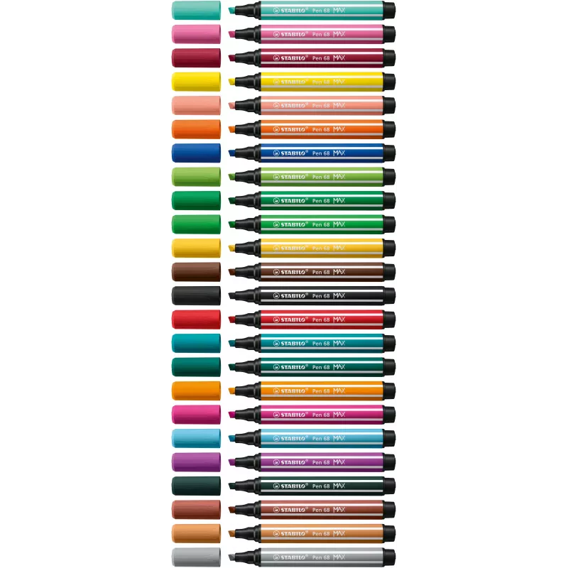 STABILO Pen 68 MAX set de 12 rotuladores de fieltro ARTY Edition con punta biselada en estuche de plástico