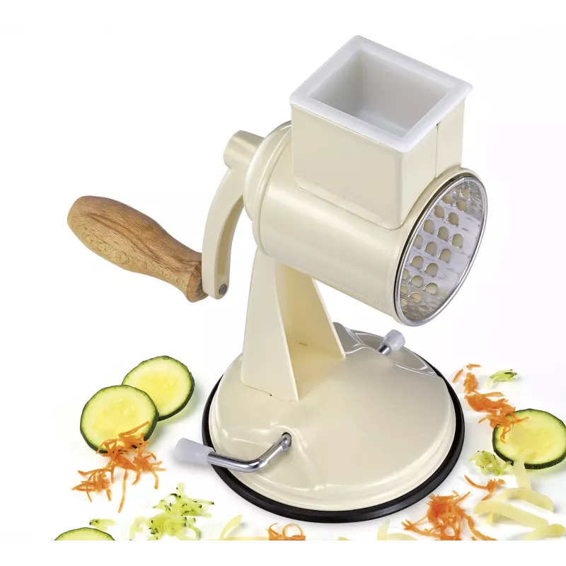 Rallador de tambor Zassenhaus Classic Cream – rallador rotativo de 3 tambores con tambores de acero inoxidable, base de succión, manivela ergonómica