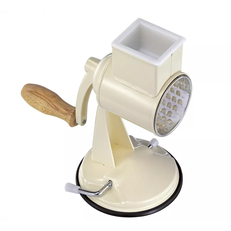 Rallador de tambor Zassenhaus Classic Cream – rallador rotativo de 3 tambores con tambores de acero inoxidable, base de succión, manivela ergonómica
