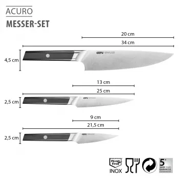GEFU ACURO Set de 3 cuchillos - cuchillo de cocina, cuchillo multiusos y cuchillo pelador