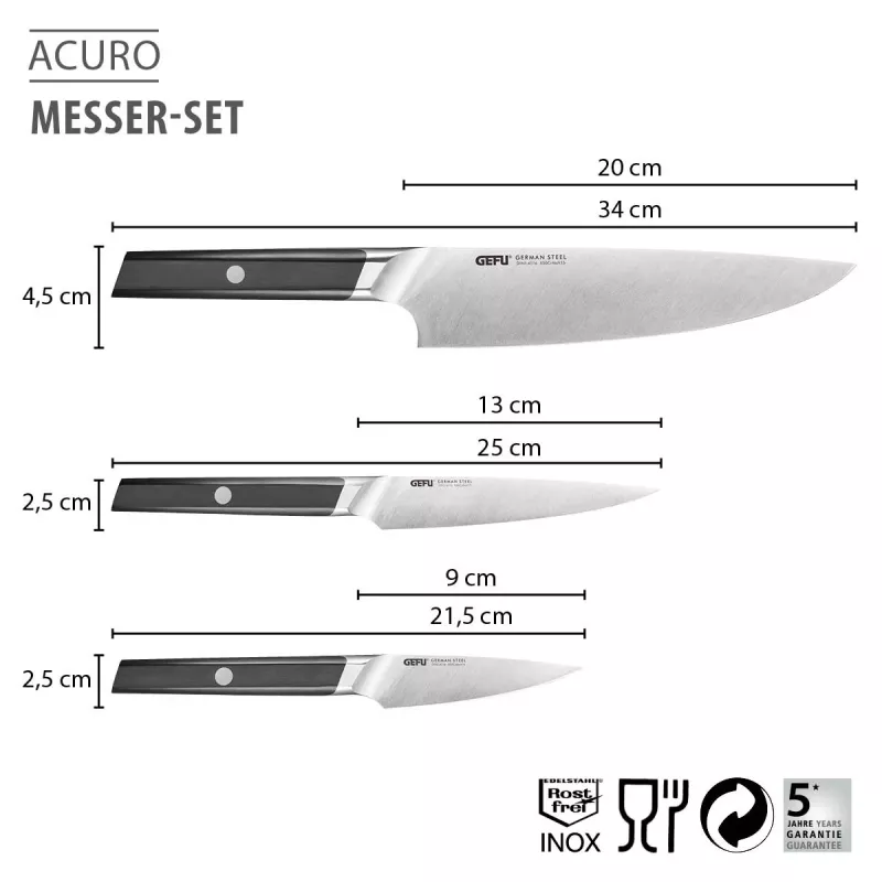 GEFU ACURO Set de 3 cuchillos - cuchillo de cocina, cuchillo multiusos y cuchillo pelador