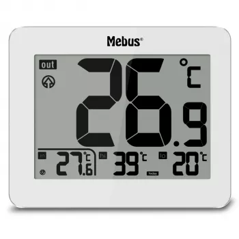 MEBUS 1074 termómetro digital con temperatura interior y exterior, pantalla LCD, montaje en pared, blanco