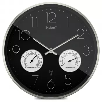 MEBUS 12988 reloj de pared radiocontrolado con termohigrómetro - marco plata/gris, esfera blanca, indicación analógica de la hora, temperatura y humedad digitales, radiocontrolado DCF77