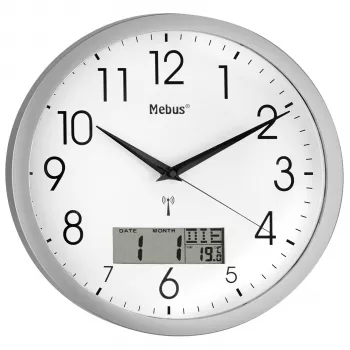 Mebus 19422 reloj de pared radiocontrolado, analógico, esfera blanca, caja plateada, 30 cm