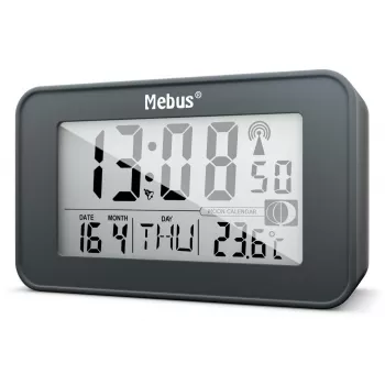 Mebus 51460 Radiodespertador digital con sincronización horaria radiocontrolada DCF77, pantalla LED, doble alarma, función de repetición, temperatura interior, negro