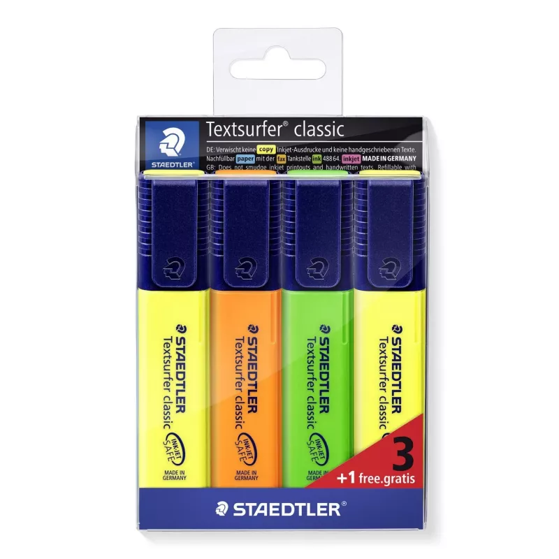 STAEDTLER Textsurfer Classic 3+1 Promopack Set de rotuladores fluorescentes, punta biselada, 1.0-5.0 mm, colores surtidos