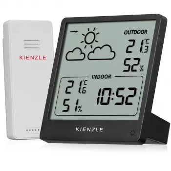 KIENZLE estación meteorológica Slim (15002) con sensor exterior inalámbrico, pantalla LCD, previsión meteorológica, fase lunar, despertador