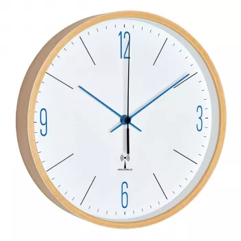 TFA 60.3524.06 Reloj radioeléctrico analógico con marco de arce, azul