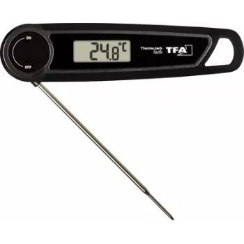 TFA THERMO JACK TASTE Termómetro digital de cocina con temporizador y alarma, sonda de acero inoxidable, 160 mm, -50 a +300 °C, pantalla LCD, negro/blanco
