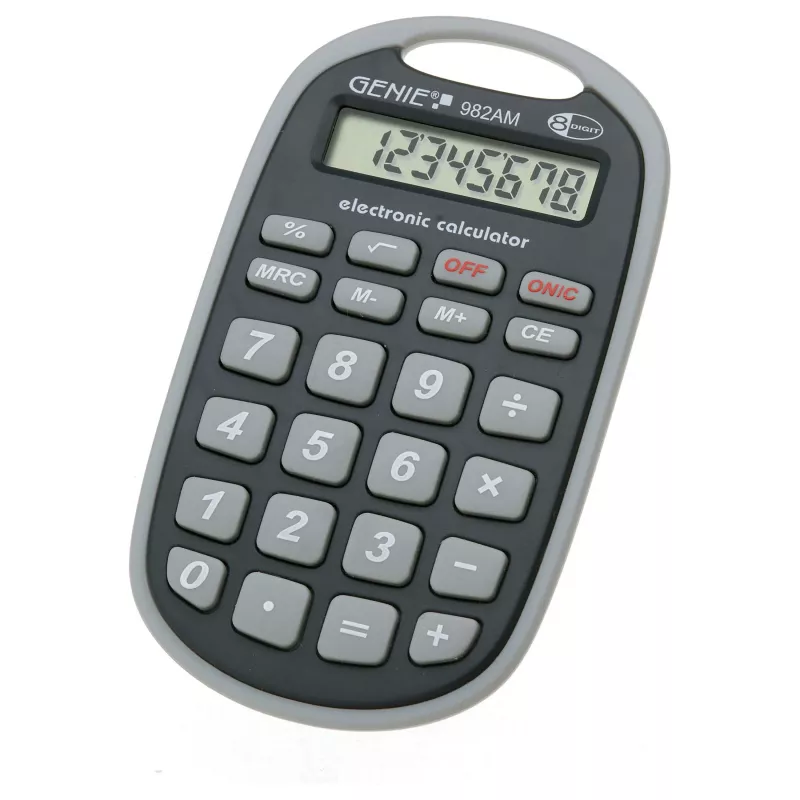 Genie 982 AM Calculadora de bolsillo, 8 dígitos, pilas, negro/gris