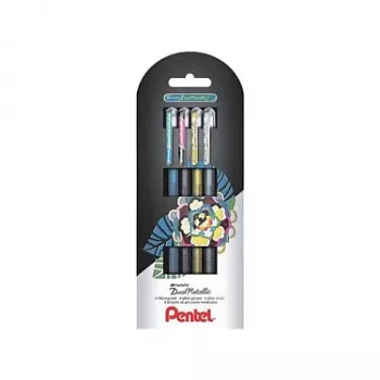 Pentel Dual Metallic set de bolígrafos de gel - 4 bolígrafos (negro, azul, dorado, plateado) - 0,5 mm - blíster