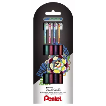 Pentel Dual Metallic set de bolígrafos de gel - 4 colores (verde, naranja, rosa, violeta) - 0,5 mm punta fina - carcasa de plástico - blíster