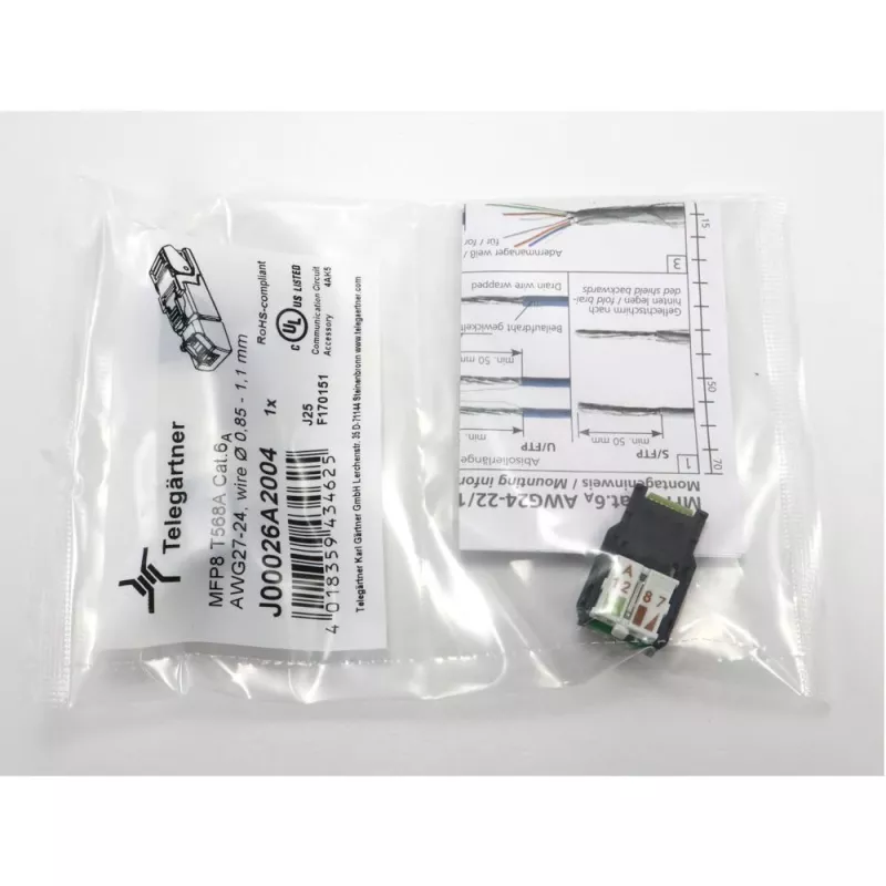 Telegärtner Conector RJ45 MFP8 Cat.6a (Deep), T568A con tapa antipolvo premontada, robusta carcasa de zinc fundido a presión - 1 unidad (J00026A2004)