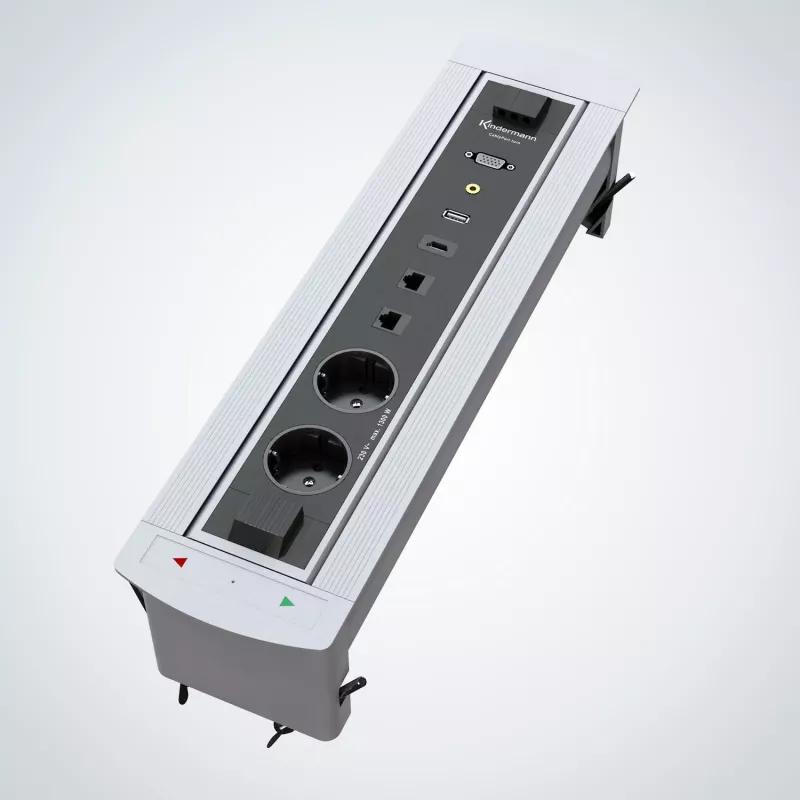 Kindermann CablePort Turn caja empotrable de mesa con 2 tomas Schuko, 2 RJ45 CAT6, 2 HDMI, 1 USB-A 3.0, giro de 360°, plata/negro