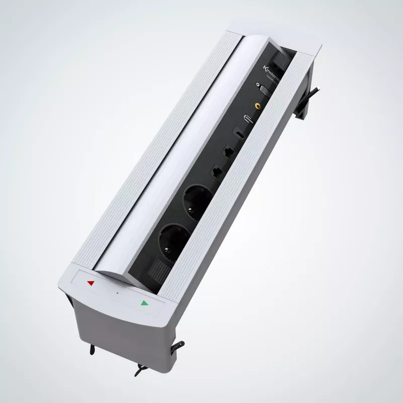 Kindermann CablePort Turn caja empotrable de mesa con 2 tomas Schuko, 2 RJ45 CAT6, 2 HDMI, 1 USB-A 3.0, giro de 360°, plata/negro