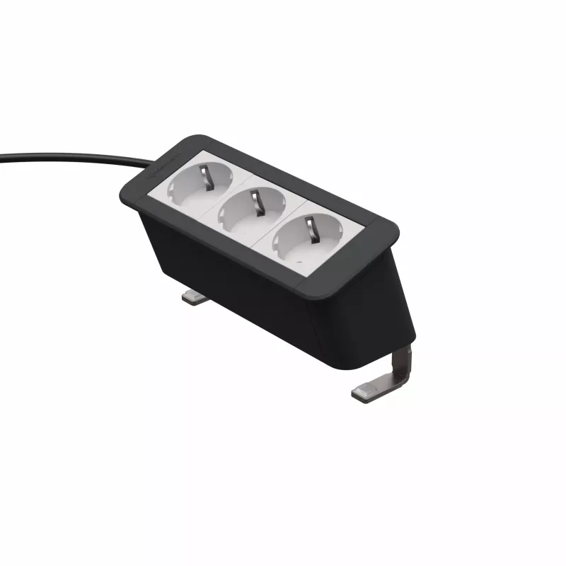 Kindermann CP Office Desk Regleta de 3 tomas con 3 tomas Schuko, cable de 2m, plata/negro