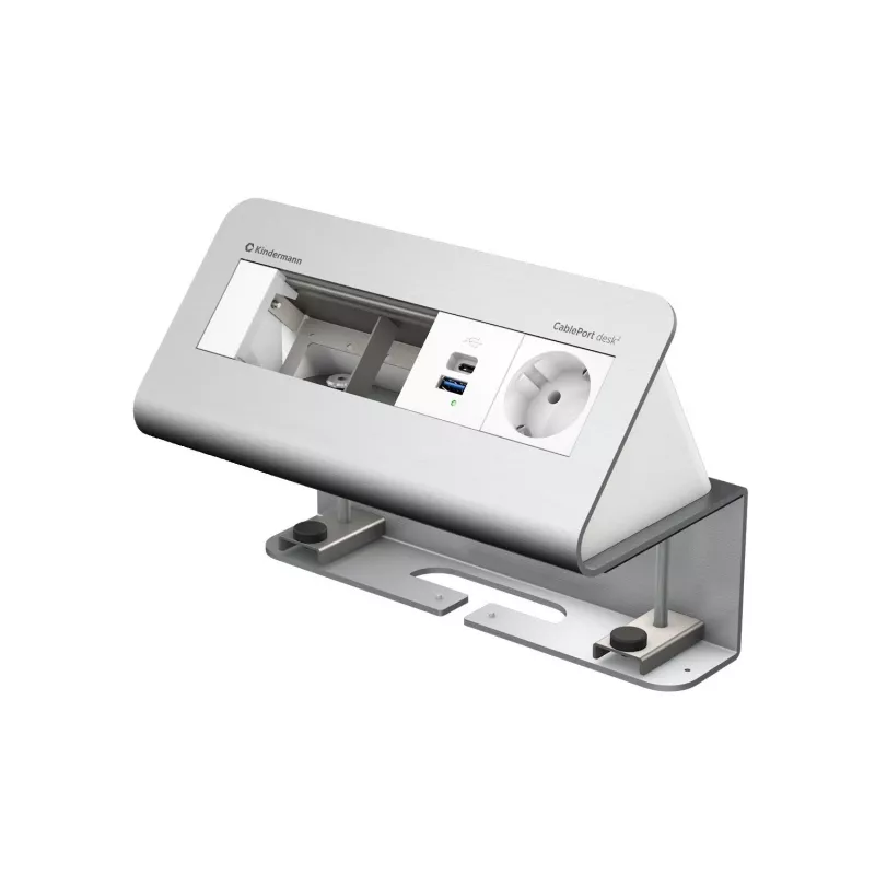 Kindermann CablePort desk de 4 vías 1x toma Schuko 1x carga USB-A plata