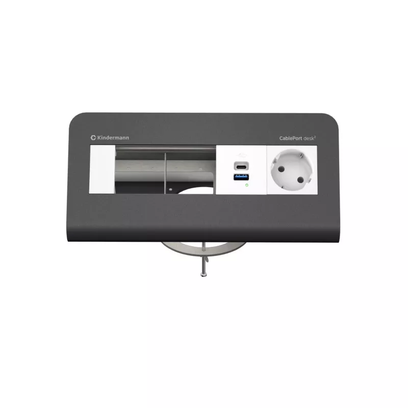 Kindermann CP desk² 80 Panel de conexión de mesa 4 tomas con 1x corriente y 1x USB-A, plata/negro
