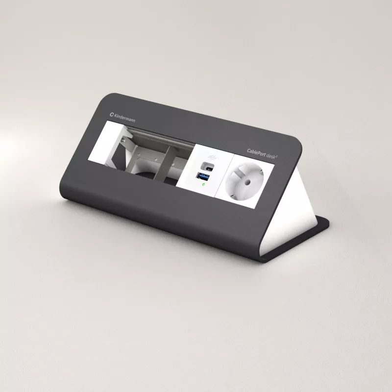 Kindermann CP desk² 80 Panel de conexión de mesa 4 tomas con 1x corriente y 1x USB-A, plata/negro