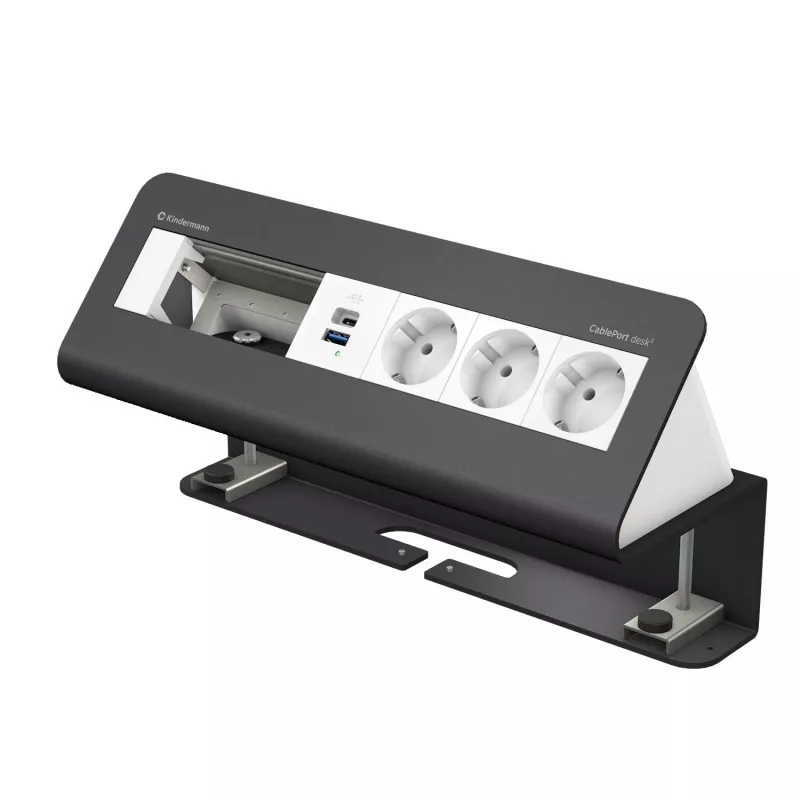Kindermann CablePort desk de 6 vías 3x Schuko 2x USB-A módulo de conexión de escritorio plata/negro