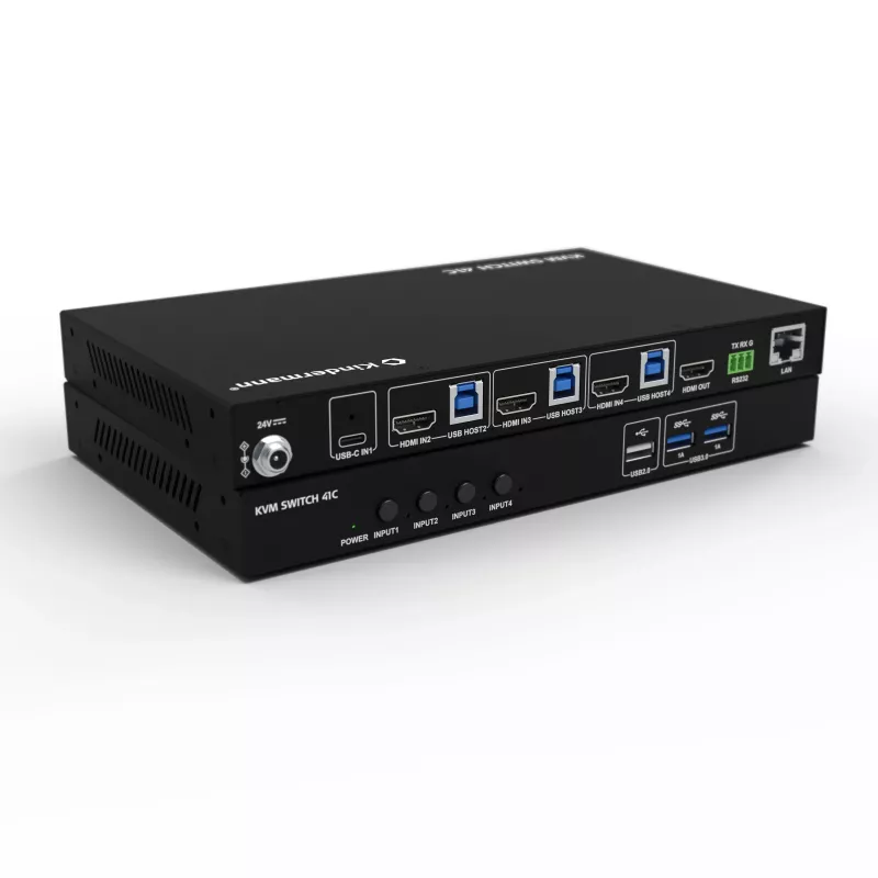 Kindermann KVM Switch 41C - Switch KVM digital de 4 puertos con DVI-D, USB, audio, emulación EDID