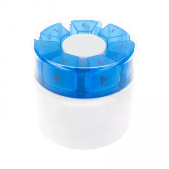 Pastillero First Aid Only con partidor de pastillas azul blanco