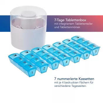 Pastillero First Aid Only con partidor de pastillas azul blanco