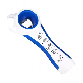 Abridor multiusos 5 en 1 First Aid Only para botellas y latas, blanco/azul, reduce el esfuerzo