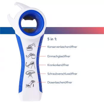 Abridor multiusos 5 en 1 First Aid Only para botellas y latas, blanco/azul, reduce el esfuerzo