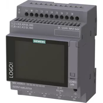 Siemens LOGO! 12/24 RCE módulo lógico con pantalla, 8 DI/4 AI/4 relés, 12-24V DC, Ethernet, Modbus TCP/IP