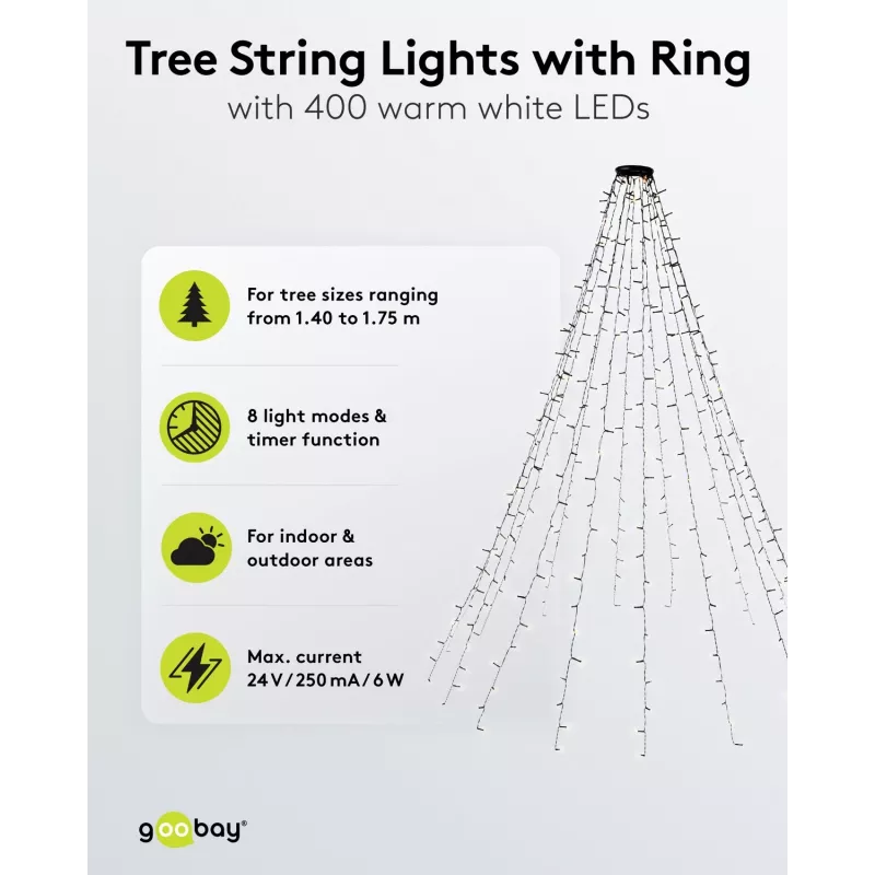 Goobay Cadena de luces de árbol 400-LE con anillo, 16 x 1,5 m, blanco cálido 2500 K, 8 modos de luz, temporizador y función memoria, transformador 24-V-DC externo, IP44 para interior y exterior (60387)